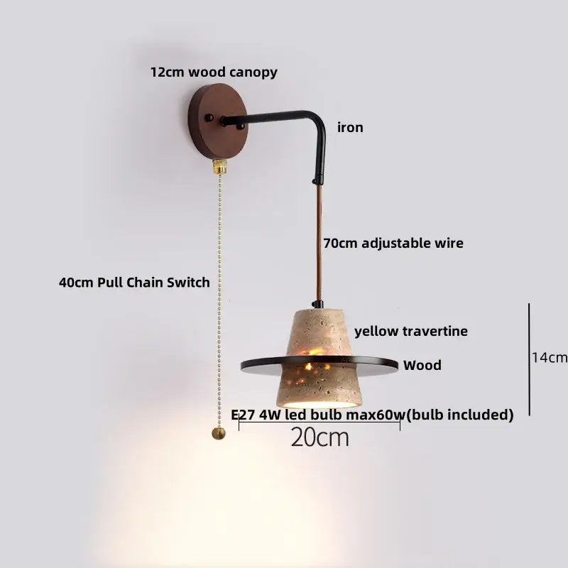 Industrial yellow travertine wall lamp with pull chain switch, wood canopy, black iron arm, and adjustable wire mounted on wooden base