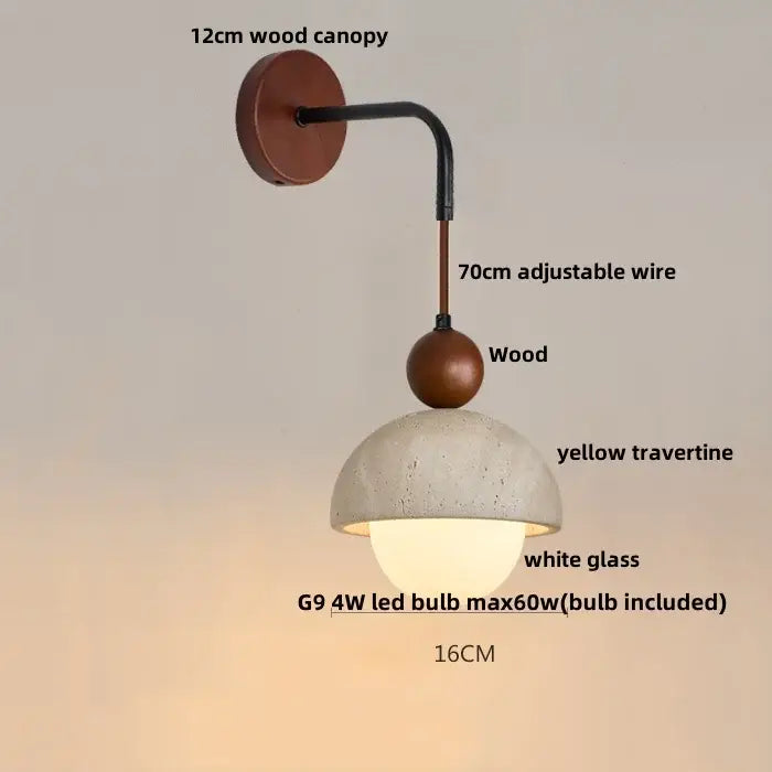 Industrial yellow travertine wall lamp with pull chain switch featuring a wood canopy and black metal arm for bedroom use