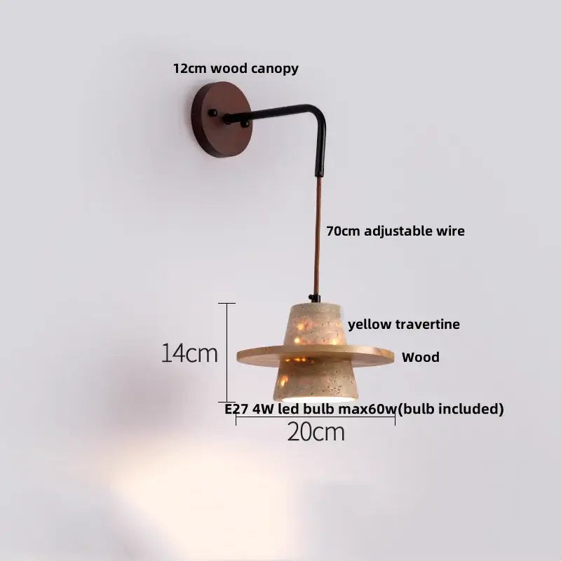 A rustic wall lamp with a 12cm wood canopy, adjustable wire arm, yellow travertine shade, and pull chain switch