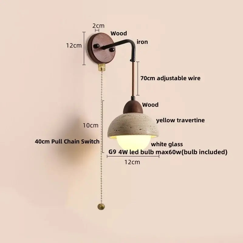 Industrial yellow travertine wall lamp with pull chain switch featuring wooden base iron arm and white glass shade
