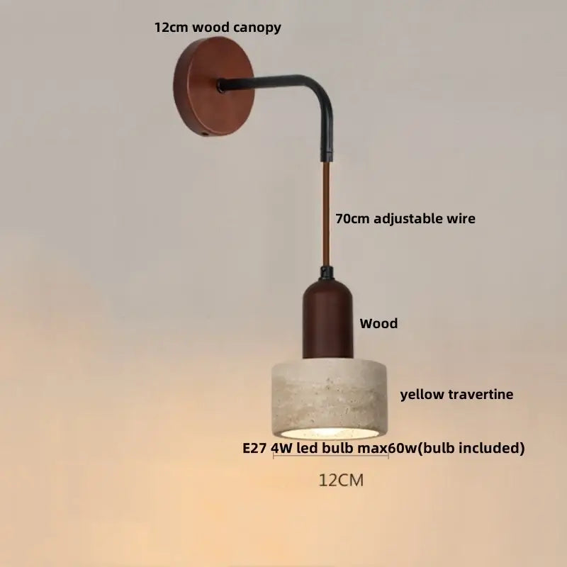 Industrial yellow travertine wall lamp with pull chain switch featuring a wood canopy and adjustable black wire arm for bedroom use