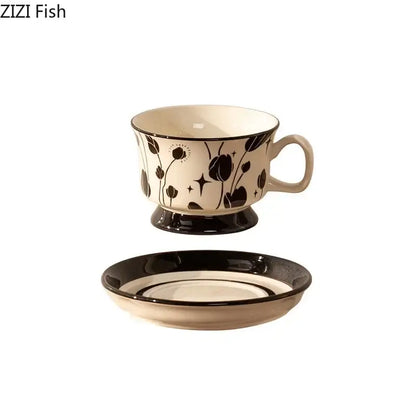 Cream-colored ink flowers ceramic cup and saucer set with black floral and star patterns for elegant dining room decorbites ink flowers
