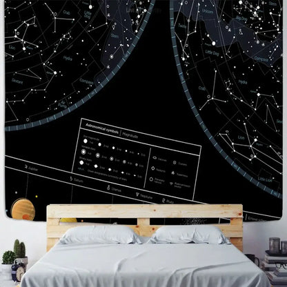 Black celestial tapestry featuring white interstellar sky map constellations and planetary labels for bedroom decorbites decor