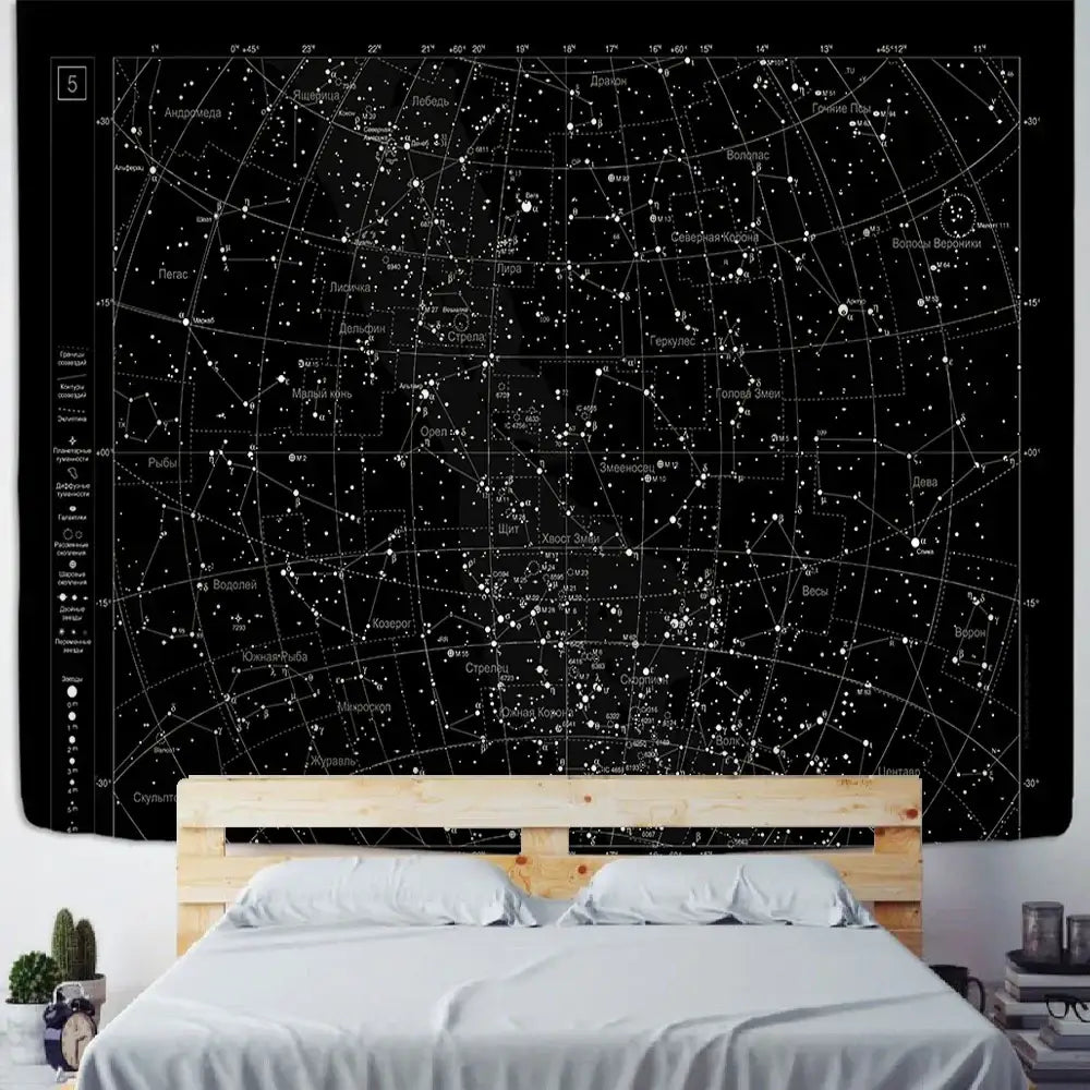 Black celestial tapestry featuring white sky map constellations hanging above wooden bed frame for interstellar sky decorbites