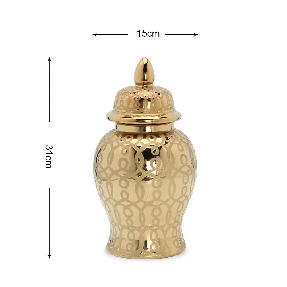 Golden ceramic jar vase with intricate interlocking golden pattern and matching lid for decorbites golden pattern decor