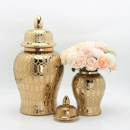Golden ceramic jar vase with intricate circular golden pattern and matching lid for decorbites golden pattern decor