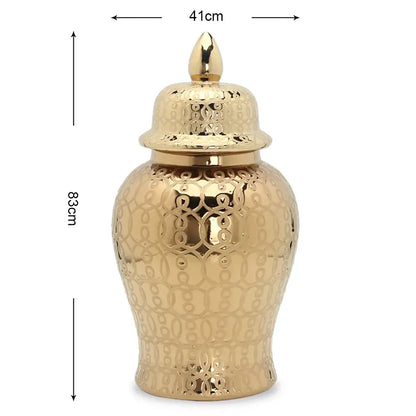 Golden ceramic jar vase with intricate circular golden pattern and matching lid for decorbites golden pattern decor