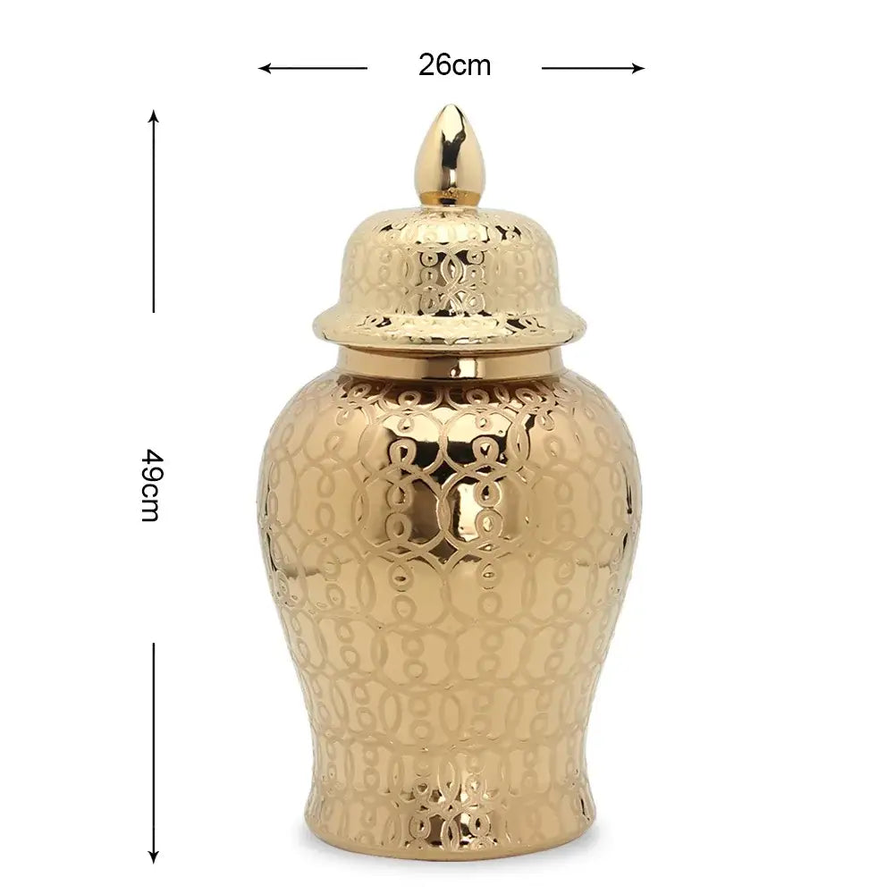 Golden ceramic jar vase with intricate circular cutout golden pattern and matching lid for living room decorbites decor
