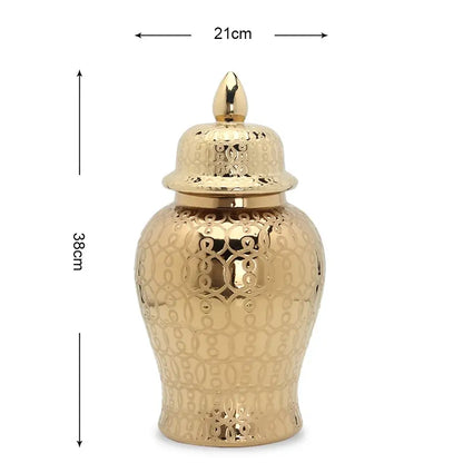 Intricate golden pattern jar vase made of porcelain with embossed circular designs and matching lid for living room decorbites decor
