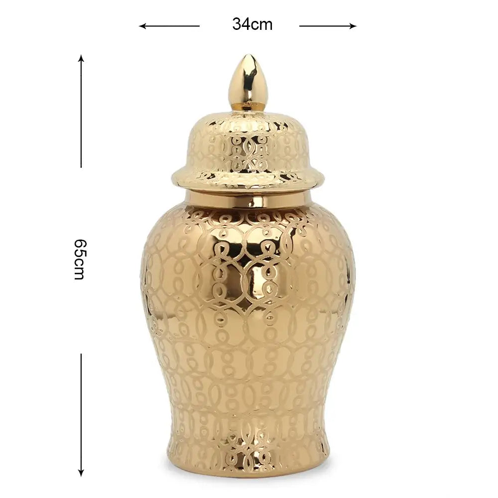 Golden ceramic jar vase with intricate embossed decorbites golden pattern and matching lid for living room decor