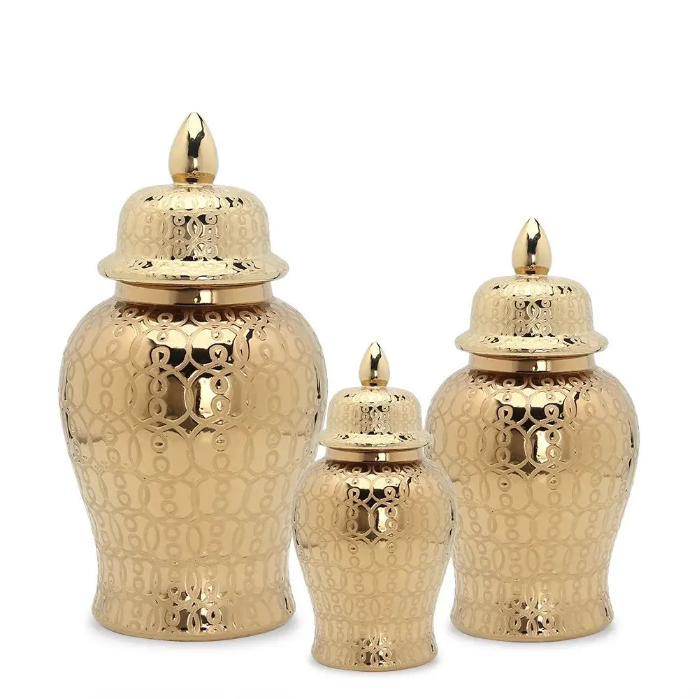Set of three gold-toned ceramic jar vase with intricate embossed golden pattern decorbites golden pattern for living room decor
