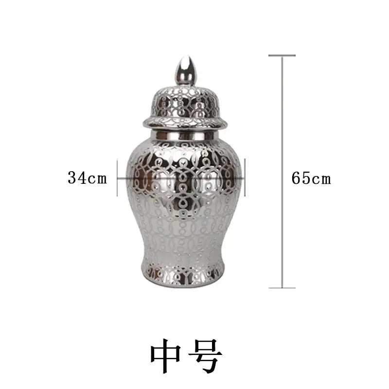 Silver ornamental ceramic jar vase with intricate lace-like golden pattern and matching lid for decorbites golden pattern decor