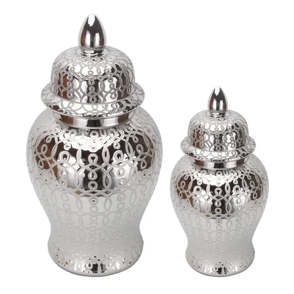 Silver ceramic jar vase with intricate lace-like cutouts and matching lids for elegant decorbites golden pattern decor