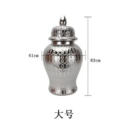 Silver decorative ceramic jar vase with intricate embossed golden pattern decorbites golden pattern living room decor