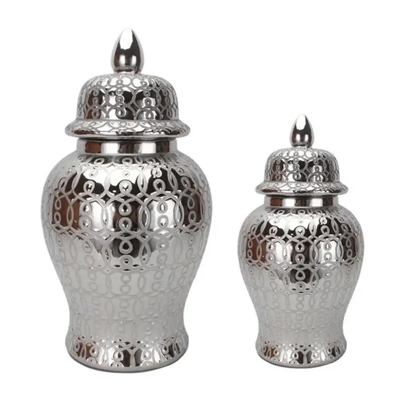 Silver ceramic jar vase with intricate lace-like cutout patterns and matching lids for decorbites golden pattern decor
