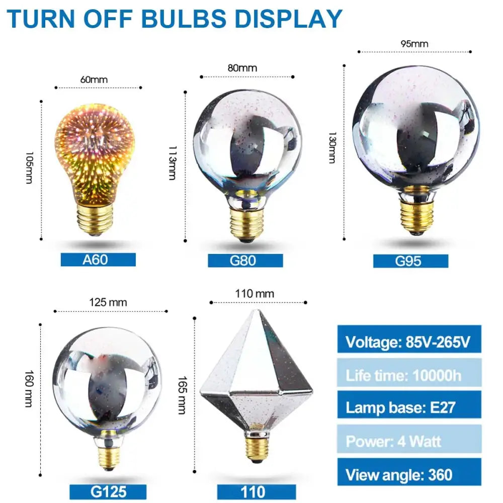 Clear glass globe decorbites 3d led fireworks decor bulb with gold bases in various sizes including decorative a60 bulb