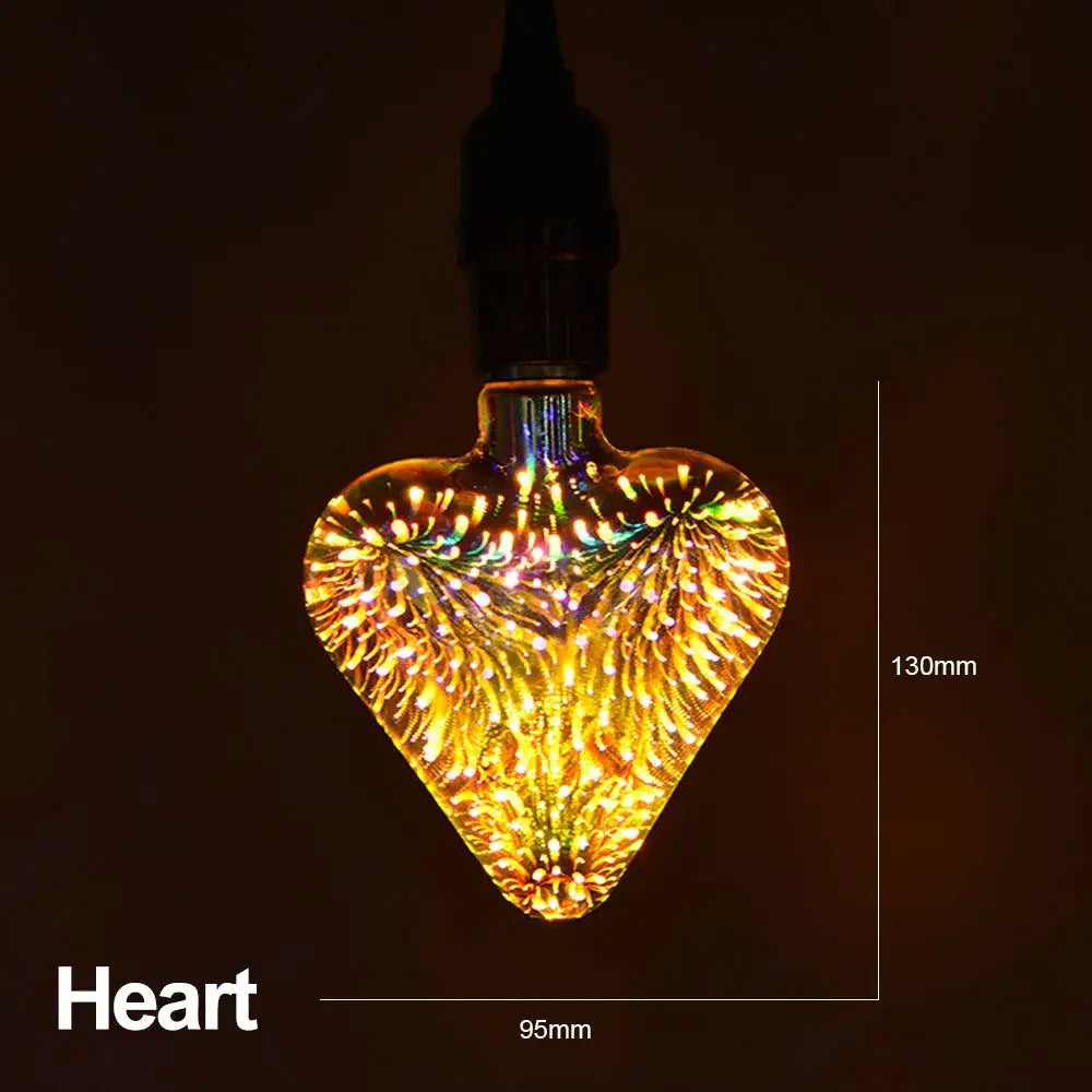 A glowing heart-shaped decorbites 3d led fireworks decor bulb with warm golden light and intricate filament design