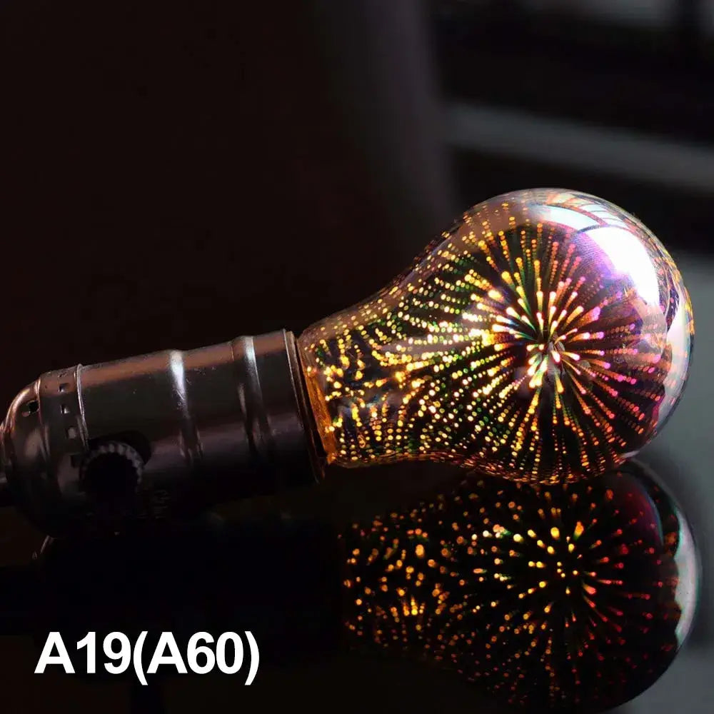 A glowing decorbites 3d led fireworks decor bulb with a colorful iridescent glass globe for living room ambiance