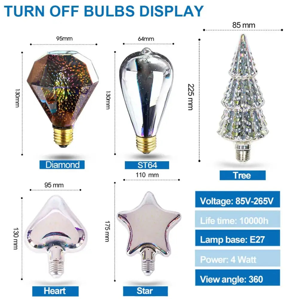 Set of five decorbites 3d led fireworks decor bulbs in diamond st64 tree heart and star shapes with iridescent glass finish