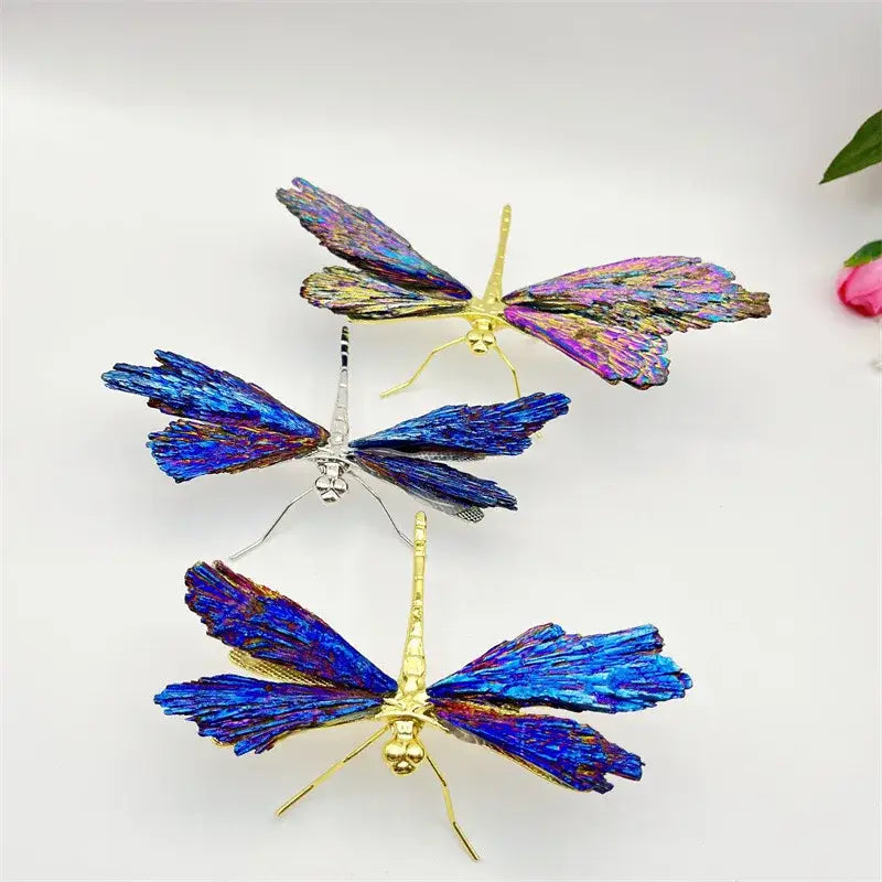 Iridescent blue and purple crystal dragonfly decorative figurines with metallic gold and silver bodies for bedroom decor
