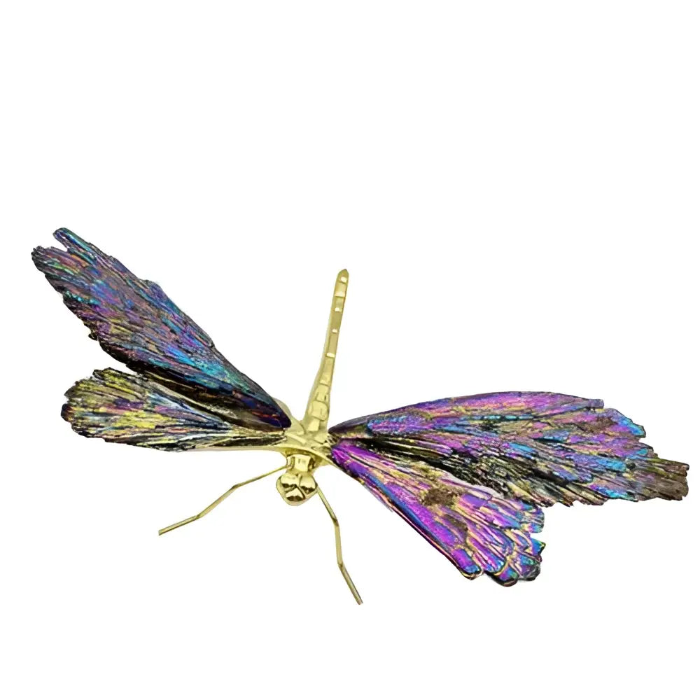 A shimmering iridescent decorative figurines crystal dragonfly brooch with gold body and purple blue green wings
