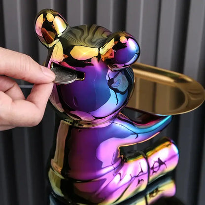 Iridescent metallic decorbites colorful bear storage box with a golden tray for living room storage and decor