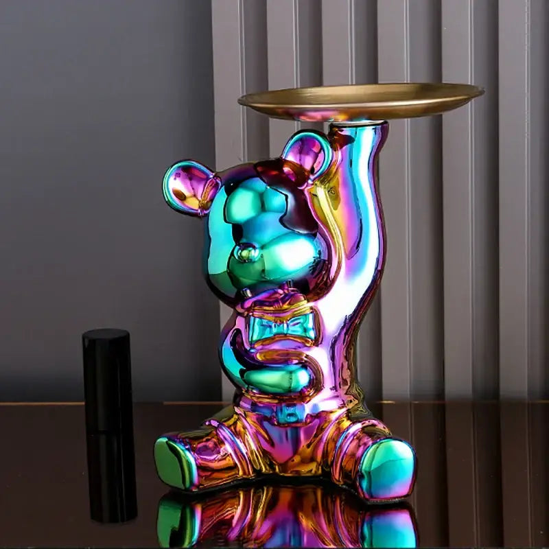 Iridescent decorbites colorful bear storage box featuring a gold tray held by a colorful bear storage candle holder