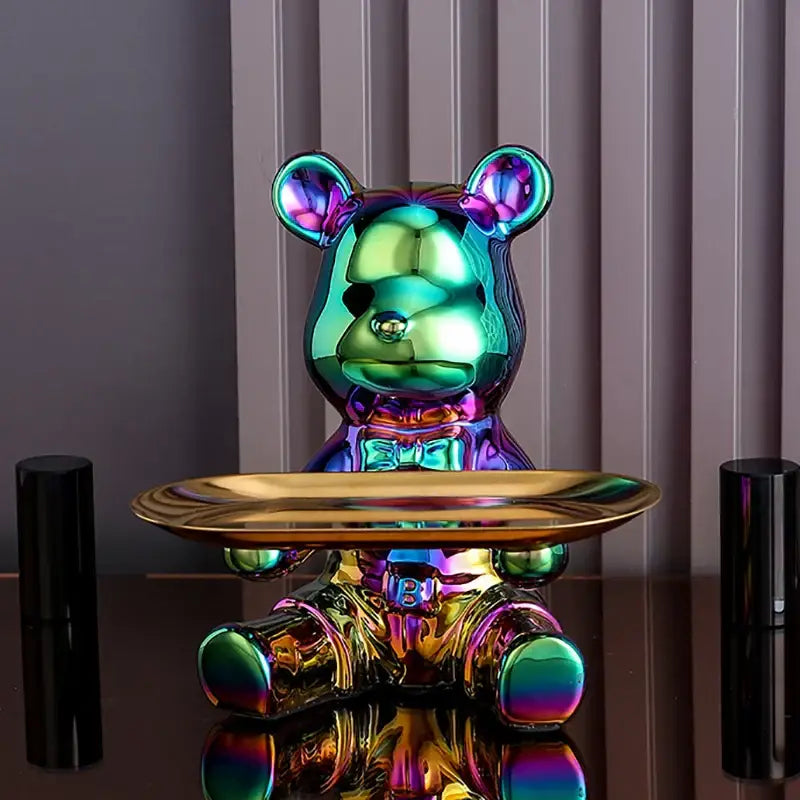 Iridescent decorbites colorful bear storage box with glossy metallic finish and gold tray for living room decor