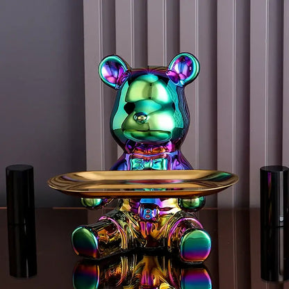 Iridescent decorbites colorful bear storage box with glossy metallic finish and gold tray for living room decor