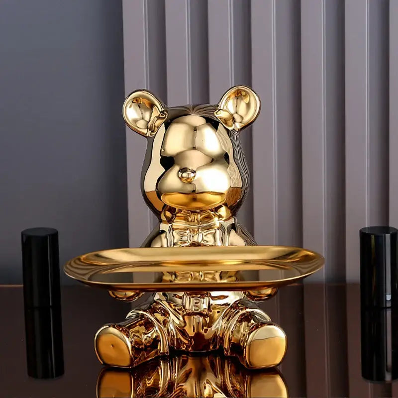 Golden glossy ceramic decorbites colorful bear storage box with polished metallic finish and integrated tray on belly
