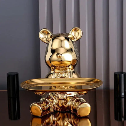 Golden glossy ceramic decorbites colorful bear storage box with polished metallic finish and integrated tray on belly