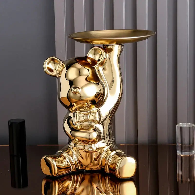 Golden ceramic colorful bear decorbites storage box holding a round tray for living room organization