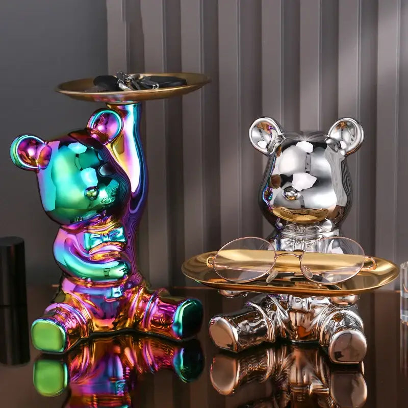 Iridescent decorbites colorful bear storage box with a glossy rainbow finish and gold-toned tray for living room use
