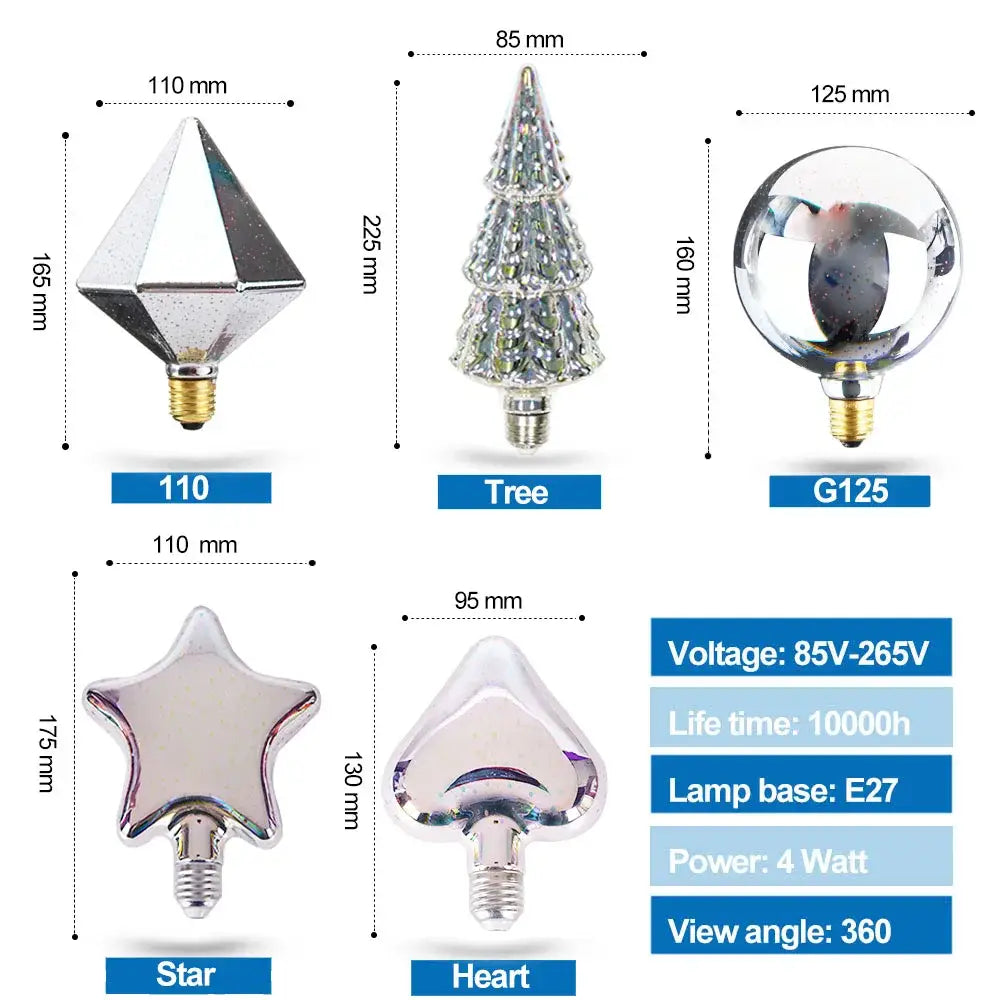Set of five chrome finished geometric fireworks led bulbs including pyramid tree globe star and heart for bedroom decorbites 3d fireworks