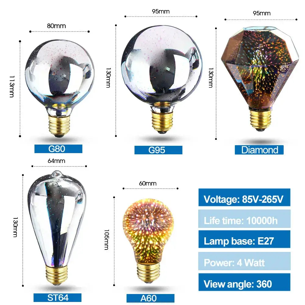Clear glass led bulb with gold metal bases in g80, g95, st64, diamond and a60 shapes for decorbites 3d fireworks lighting