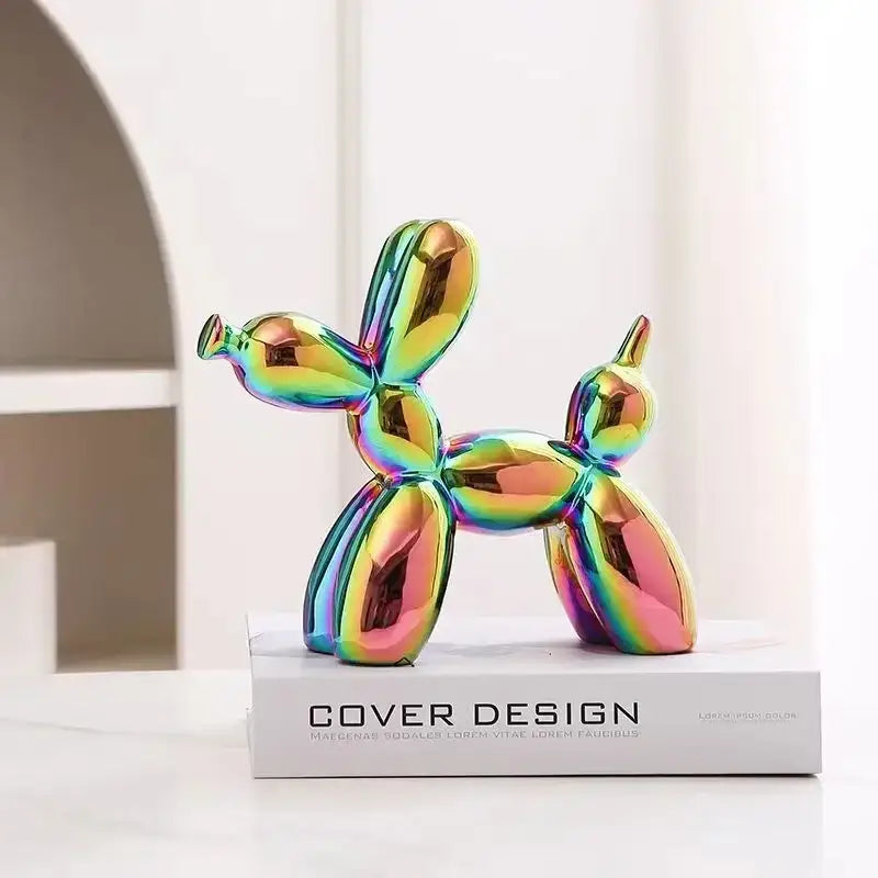 Iridescent glossy balloon dog ceramic sculpture with reflective rainbow hues for living room decor