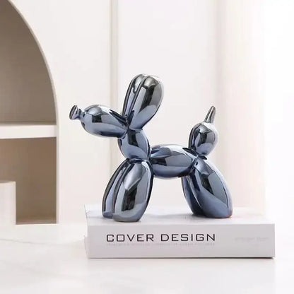 Shiny dark blue balloon dog ceramic sculpture with iridescent glossy finish for living room decor