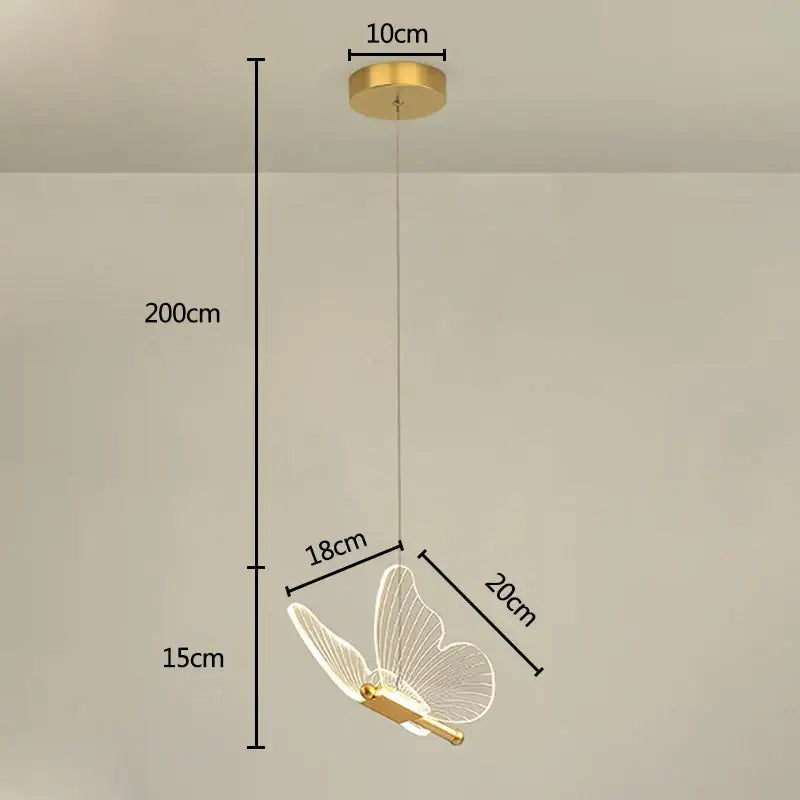 Iridescent gold decorbites butterfly pendant light with translucent wireframe wings for bedroom and living room decor