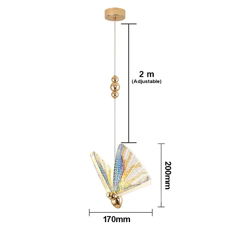 Decorative gold-toned butterfly pendant light with iridescent blue green and silver wings for living and dining rooms