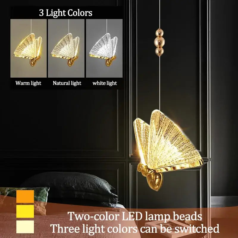 Iridescent gold butterfly pendant lights with intricate two-color led beads emitting warm natural or white light for living room