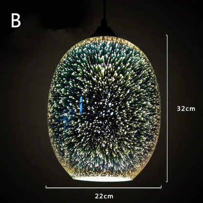 Oval-shaped glass pendant light with iridescent starburst design in green blue and white for living room decor