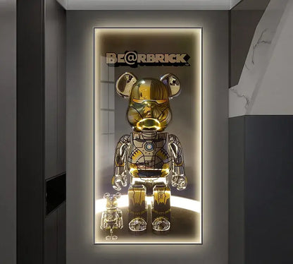Golden metallic bearbrick led wall lamp with sleek armored design and reflective surfaces for bedroom decor
