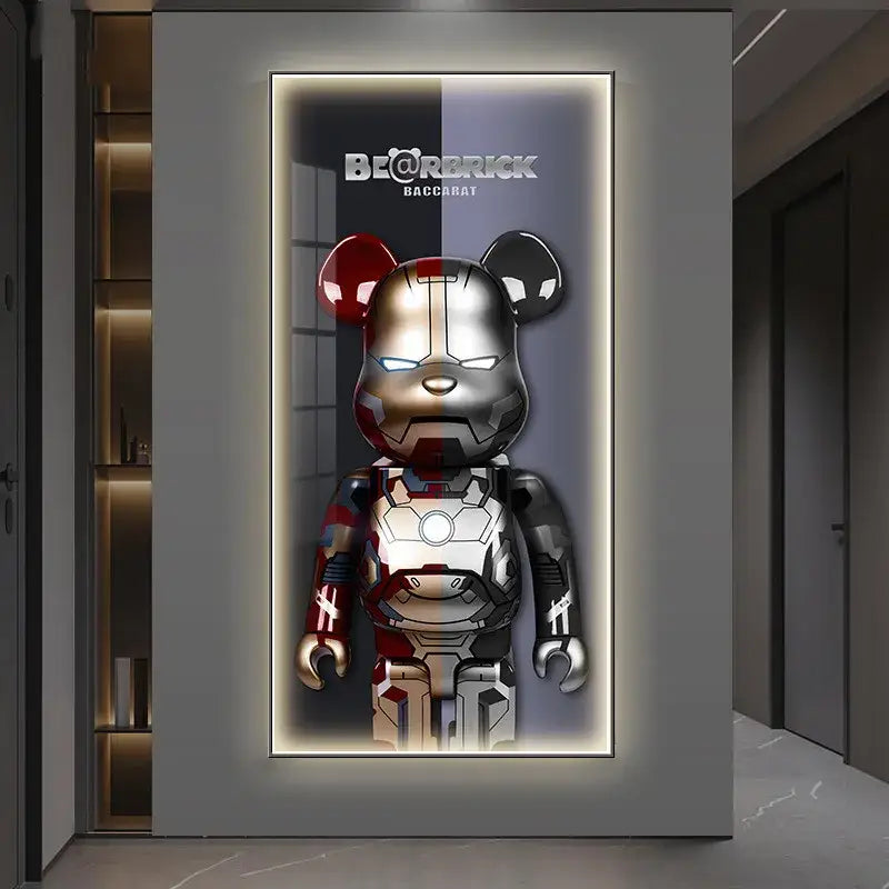 Iron man metallic bearbrick led wall lamp with red silver and black armor details for bedroom decor