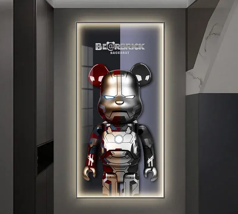 A metallic iron man-themed bearbrick figure with red and silver armor displayed in a sleek illuminated led wall lamp frame