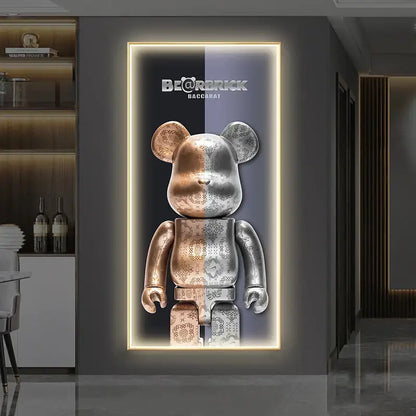 A two-toned metallic bearbrick figurine with intricate detailing featured as an led wall lamp for bedroom decor