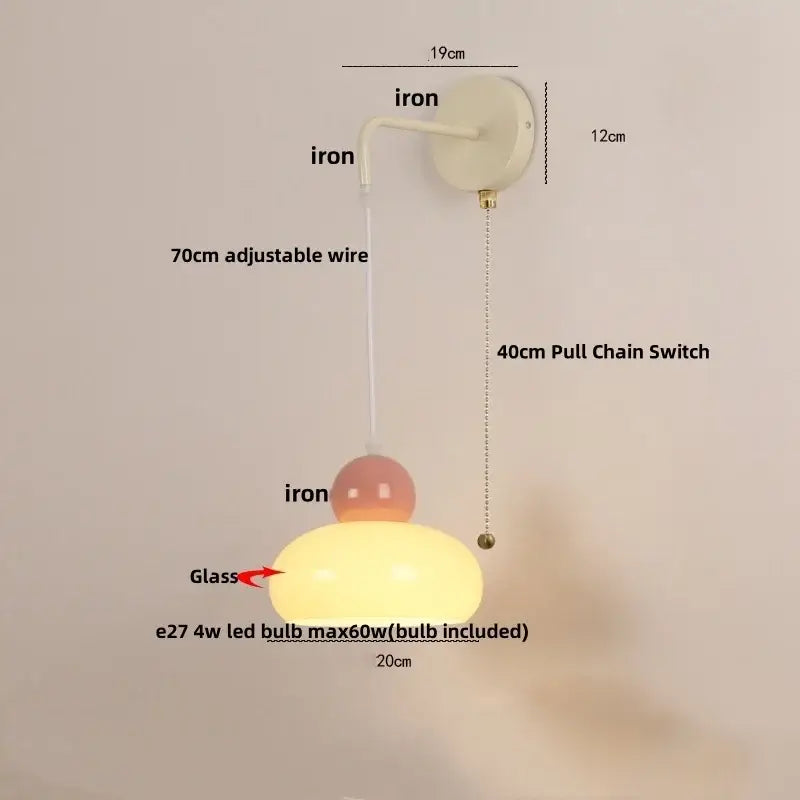 Cream-colored iron nordic led wall light with frosted glass globe amber accent 70cm wire and pull chain switch decorbites iron nordic