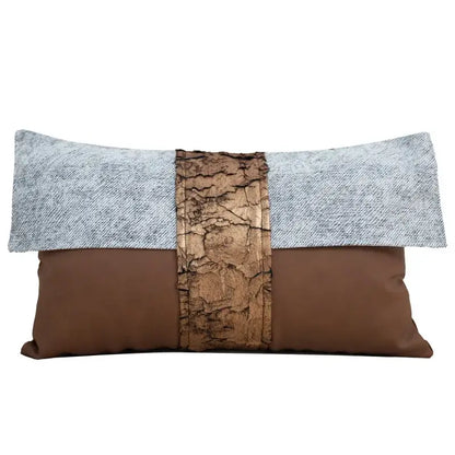 Rectangular cushion cover with textured gray fabric top brown base and cracked gold-toned strip for decorbites italian light luxury living room decor