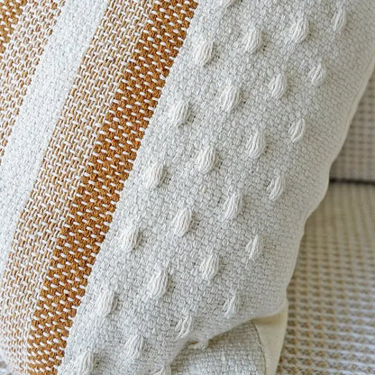Cream-colored pillow case with textured weave and vertical tan stripe for decorbites ivory brown coffee living room decor