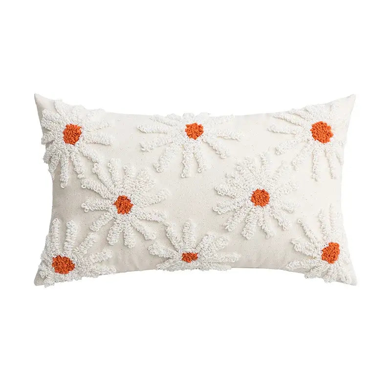 Ivory tufted cushion cover with white textured daisy embroidery in orange accents for living room decorbites cushion cover