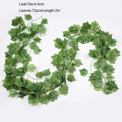 Ivy green fake leaves garland vine with 72 green fake leaves and 2 meter length for outdoor decoration
